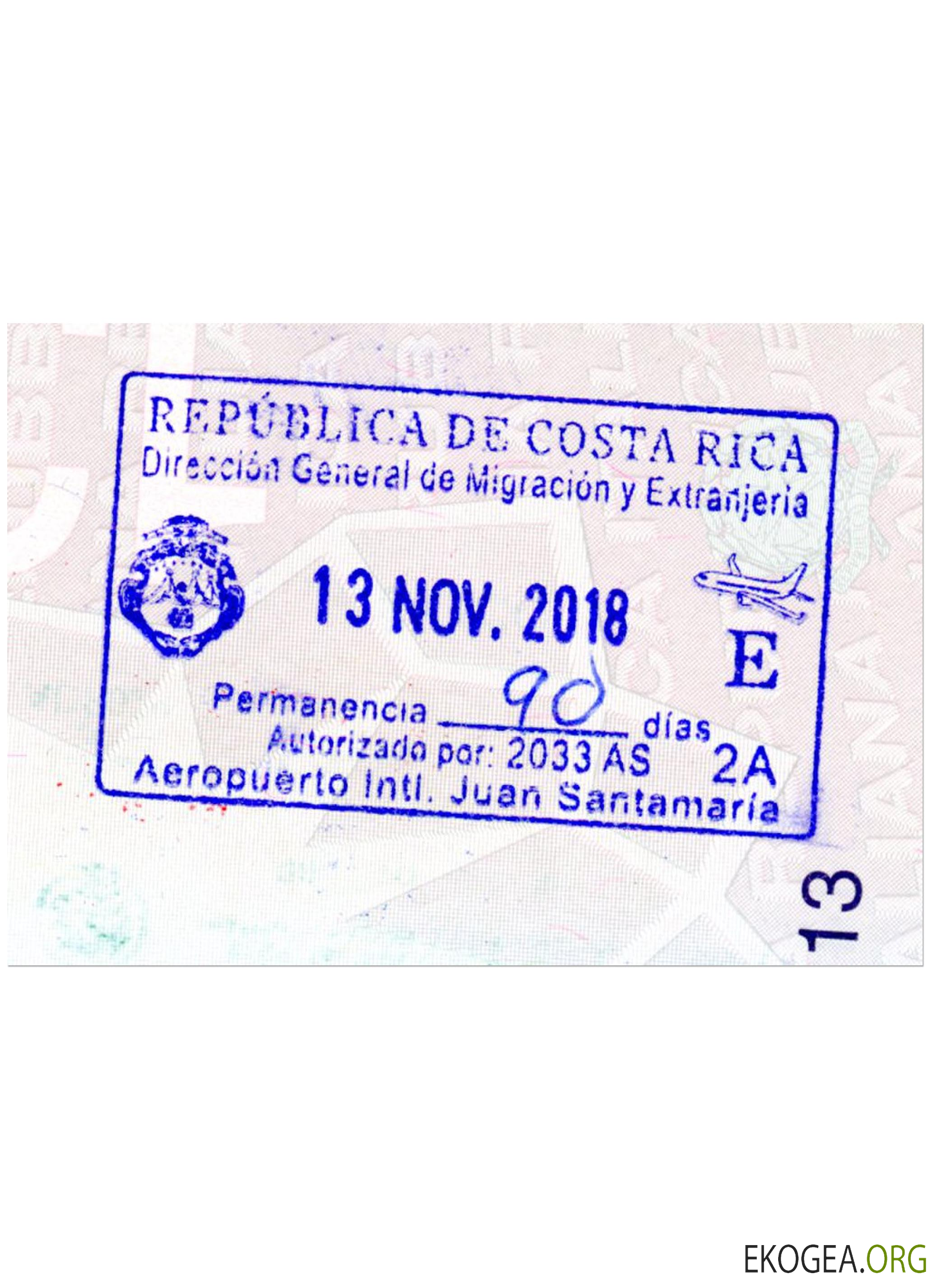 TIMBRE DE VISA DU COSTA RICA